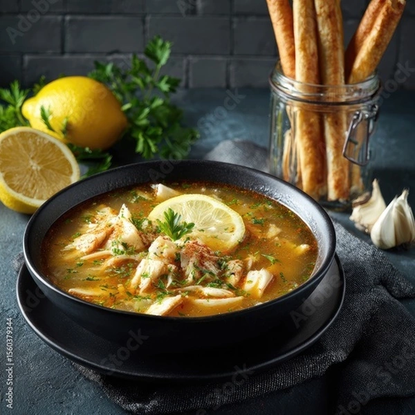 Obraz Bowl of hearty fish soup with lemon