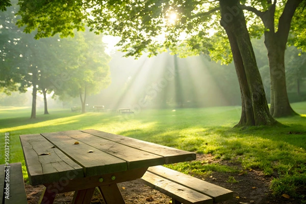 Fototapeta Empty Wood Table in Natural Park with Trees and Soft Sunshine