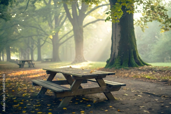 Fototapeta Rustic Picnic Table in Quiet Tree-Lined Park Path During Golden Hour