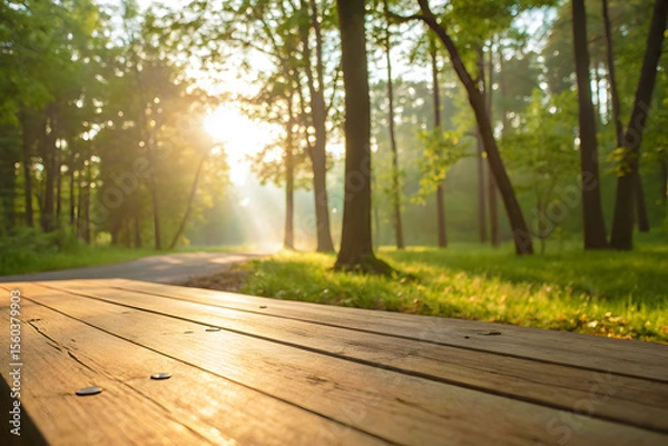 Fototapeta Wooden Tabletop with Morning Light Beaming Through Trees in Nature