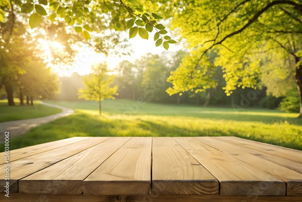 Fototapeta Empty Wooden Table with Sunny Forest Path and Green Trees in Background