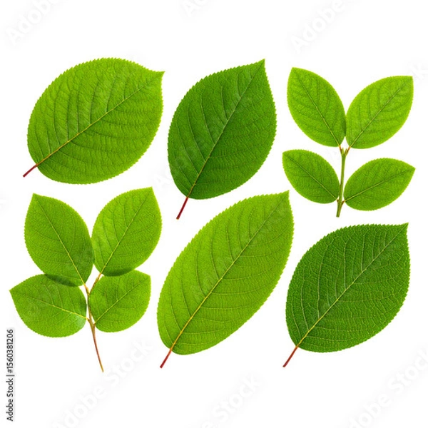 Obraz Realistic blueberry and kiwi leaves set with natural textures, isolated on transparent background PNG