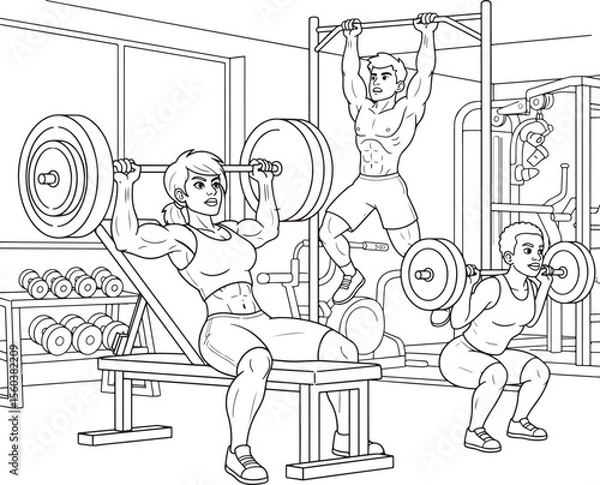 Fototapeta a detailed black and white line art illustration depicting a scene within a gym, with three individuals actively engaged in weight training exercises.