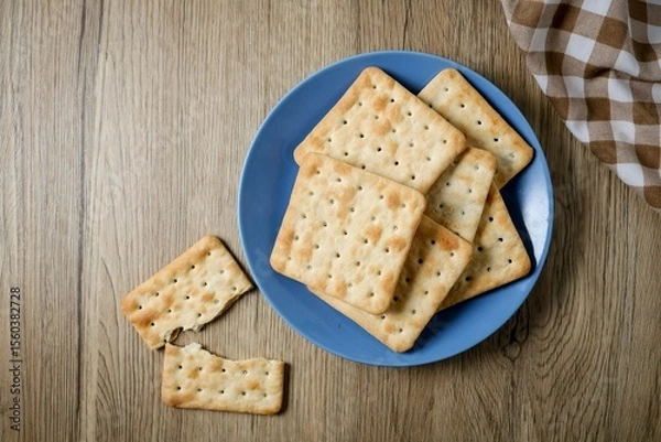 Obraz Cracker in a blue plate on wooden background table