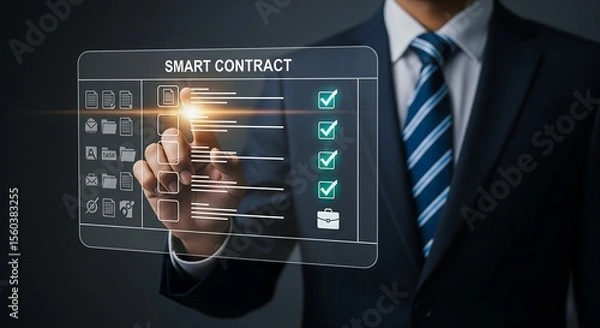 Fototapeta Smart contract technology blockchain business automation digital agreement innovation concept design process flow