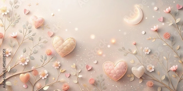 Fototapeta Romantic Hearts and Delicate Floral Arrangement Under a Gentle Crescent Moon