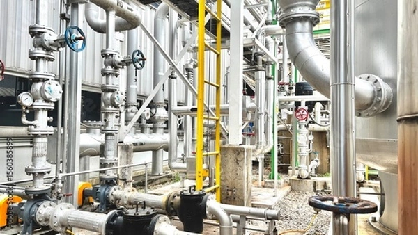 Obraz Industrial cooling tower with connected insulated pipelines and filters. Essential part of HVAC and thermal systems used in large buildings or factories.
