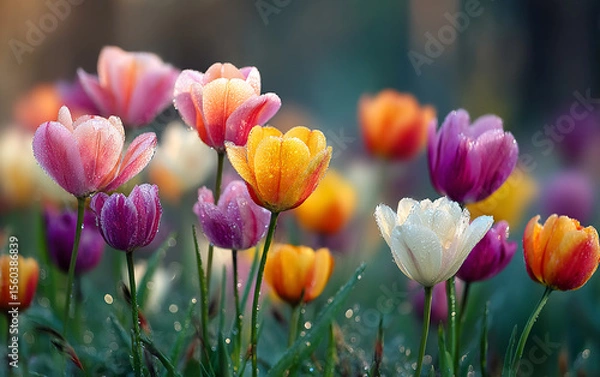 Fototapeta Beautiful spring meadow with grass and blooming flowers on a sunny day, a butterfly sitting on flower, Soft-focus background. Spring landscape. Beautiful nature scene.