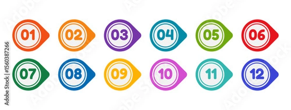 Fototapeta Icon template multicolored bullet point markers with numbers from one to twelve. Brightly colored flag markers.Vector flat illustration , isolated on white background