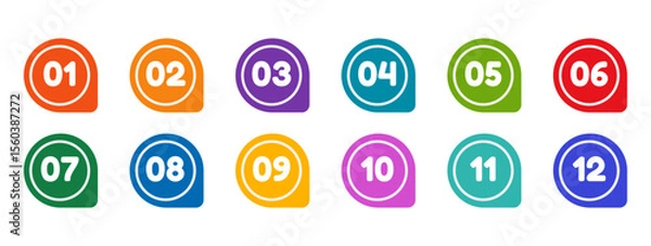 Fototapeta Colorful bullet points set of numbers from zero to twelve. Multicolored circles and numbers. Set of markers with numbers.  Vector flat icons isolated on white background