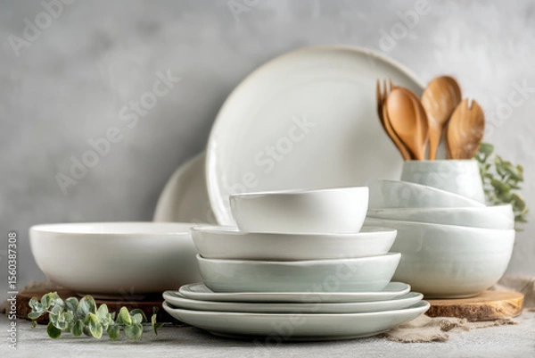 Fototapeta minimalistic arrangement of kitchen utensils on clean background featuring elegant plates bowls and cutlery