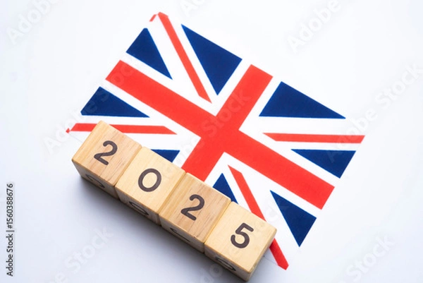 Fototapeta 2025, Union Jack with date block, Concept, Important events for Union Jack the new year, election, economy, social activities, central bank, Union Jack foreign policy