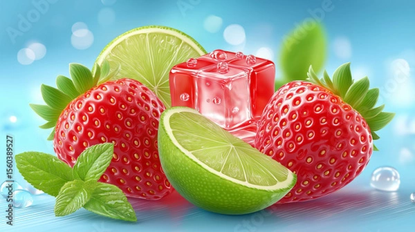 Obraz A vibrant and refreshing of whole red strawberries, bright green lime slices, and translucent red jelly-like ice cubes, all covered in tiny water droplets,on light blue or turquoise surface. 