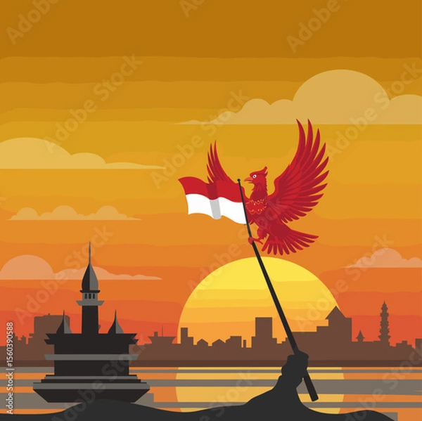 Obraz This vector image illustrates a vibrant sunset with the red bird soaring above a majestic temple complex, with the Indonesian flag flying proudly.