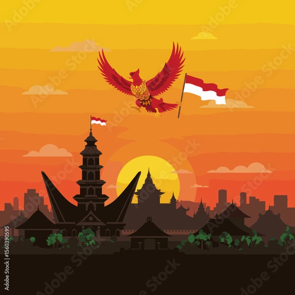 Obraz This vector image illustrates a vibrant sunset with the red bird soaring above a majestic temple complex, with the Indonesian flag flying proudly.