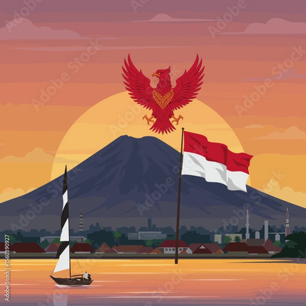 Obraz This vector image shows the majestic mountain backdrop with the red bird soaring above, holding the Indonesian flag.