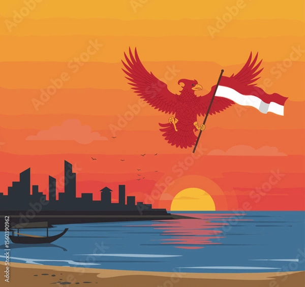 Obraz This vector image portrays the sunset over the Panjang Beach in Bengkulu, with the red bird carrying the Indonesian flag above the beach. 