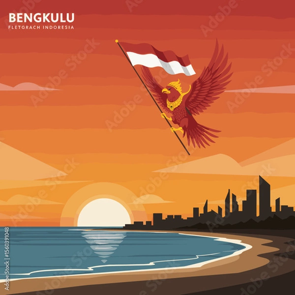 Obraz This vector image portrays the sunset over the Panjang Beach in Bengkulu, with the red bird carrying the Indonesian flag above the beach. 