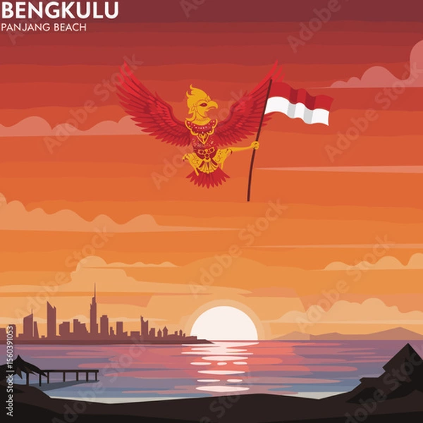 Obraz This vector image portrays the sunset over the Panjang Beach in Bengkulu, with the red bird carrying the Indonesian flag above the beach. 