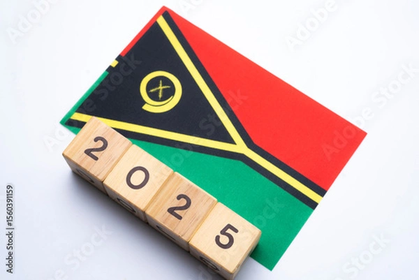 Fototapeta 2025, Vanuatu flag with date block, Concept, Important events for Vanuatu the new year, election, economy, social activities, central bank, Vanuatu foreign policy