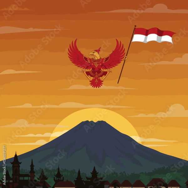 Obraz This vector image shows the majestic mountain backdrop with the red bird soaring above, holding the Indonesian flag.