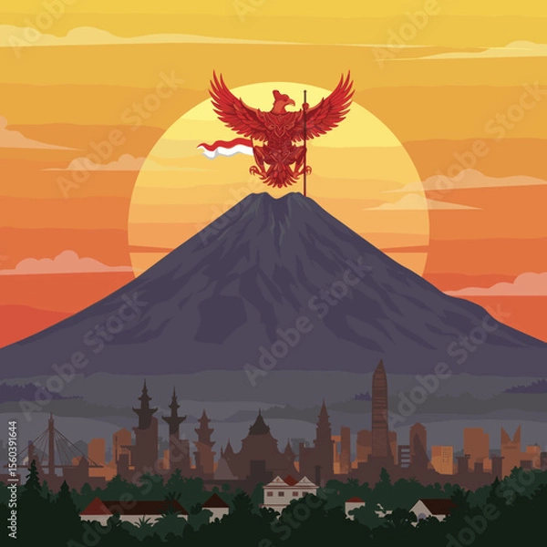 Obraz This vector image shows the majestic mountain backdrop with the red bird soaring above, holding the Indonesian flag.