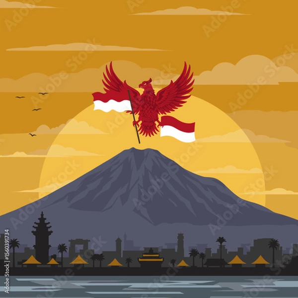 Obraz This vector image shows the majestic mountain backdrop with the red bird soaring above, holding the Indonesian flag.