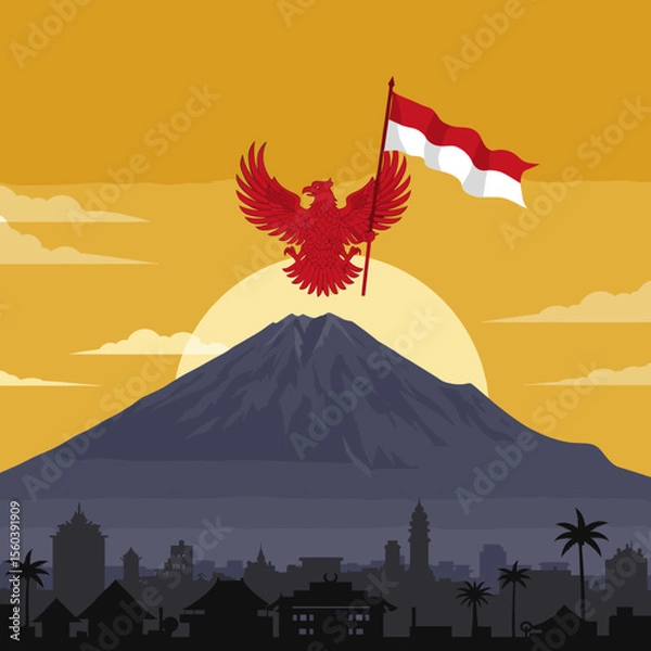 Obraz This vector image shows the majestic mountain backdrop with the red bird soaring above, holding the Indonesian flag.