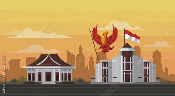 Obraz This vector image showcases the Cirebon city skyline with the red bird flying above, proudly holding the Indonesian flag.