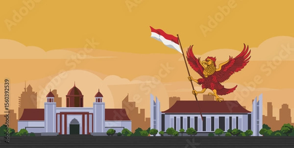 Obraz This vector image showcases the Cirebon city skyline with the red bird flying above, proudly holding the Indonesian flag.