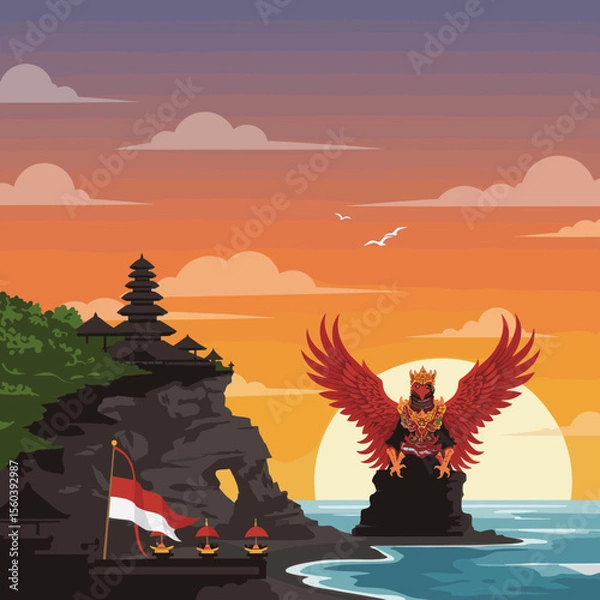 Obraz This vector image depicts a stunning sunset at a temple in Bali, with the red bird flying over the ocean while carrying the Indonesian flag. 