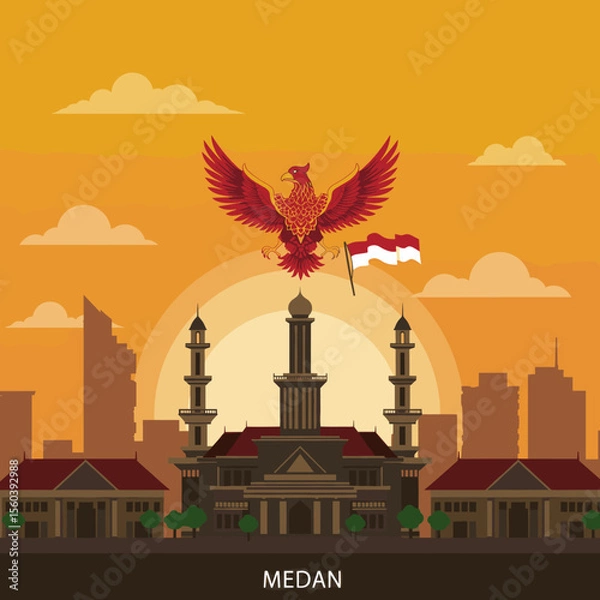Obraz This vector image illustrates a vibrant sunset with the red bird soaring above a majestic temple complex, with the Indonesian flag flying proudly.