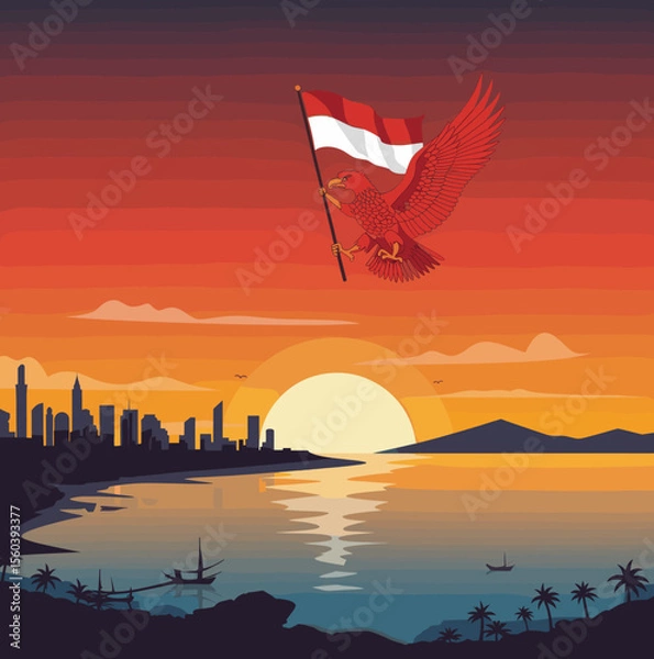 Obraz This vector image shows a red bird flying over a beach at sunset, carrying the Indonesian flag in its talons