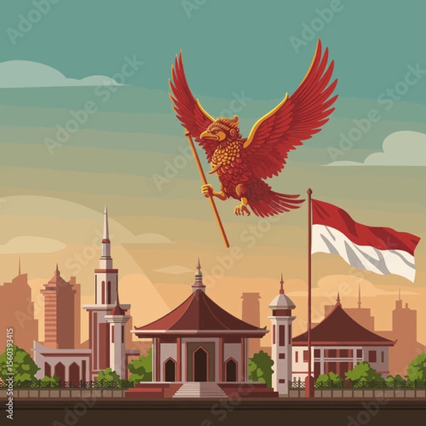 Obraz This vector image showcases the Cirebon city skyline with the red bird flying above, proudly holding the Indonesian flag.