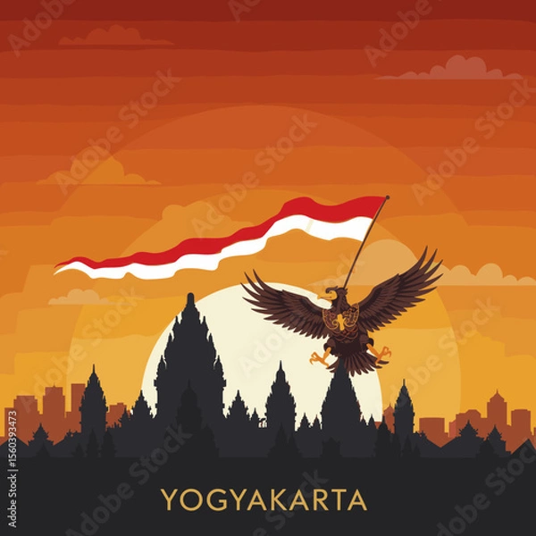 Obraz This vector image features a red bird flying over a silhouette of a temple complex with the Indonesian flag waving in the foreground.