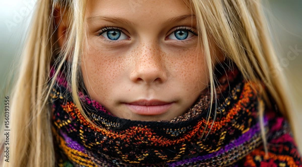 Fototapeta Une jeune fille aux cheveux blonds et aux yeux bleus avec des taches de rousseur sur le visage portant un foulard aux motifs complexes et colorés regardant l'objectif avec attention.