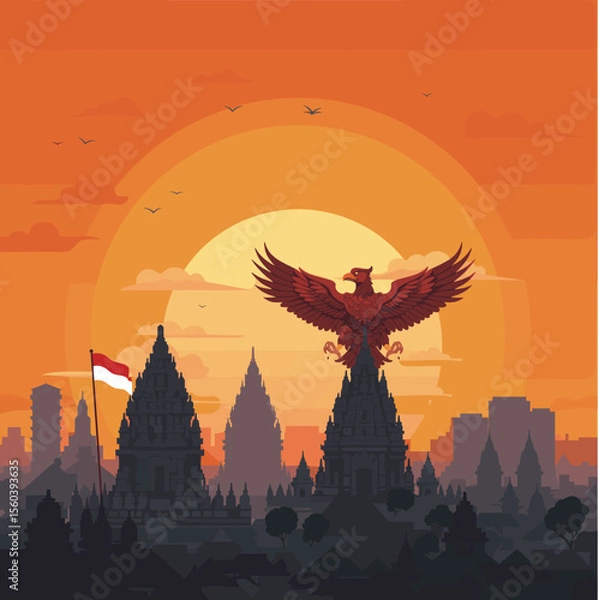 Obraz This vector image features a red bird flying over a silhouette of a temple complex with the Indonesian flag waving in the foreground.
