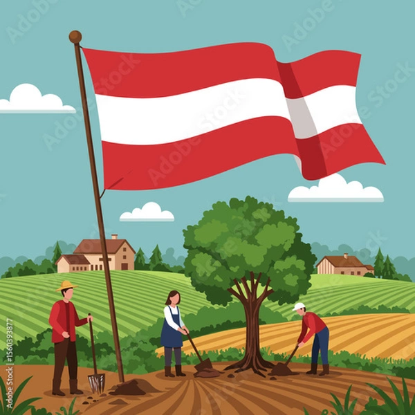 Obraz This vector image depicts a peaceful rural setting with farmers working the land, while the Indonesian flag flies proudly in the background.