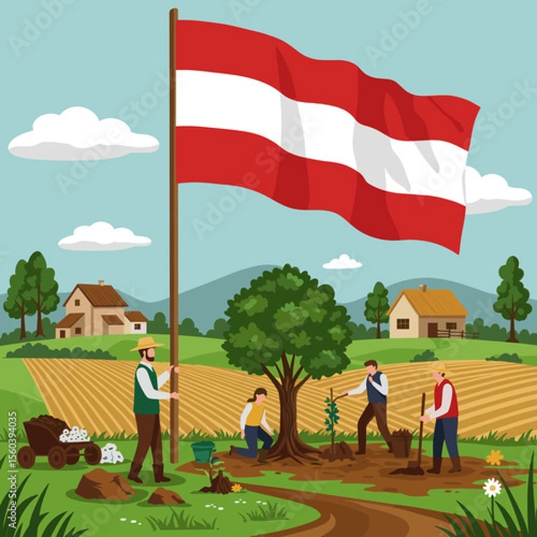 Obraz This vector image depicts a peaceful rural setting with farmers working the land, while the Indonesian flag flies proudly in the background.
