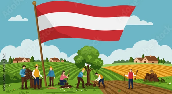 Obraz This vector image depicts a peaceful rural setting with farmers working the land, while the Indonesian flag flies proudly in the background.