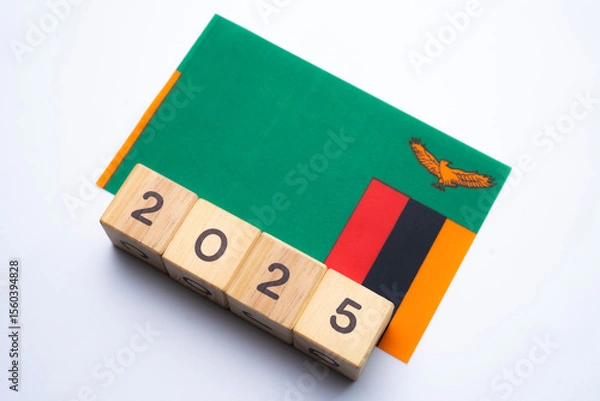 Fototapeta 2025, Zambia flag with date block, Concept, Important events for Zambia the new year, election, economy, social activities, central bank, Zambia foreign policy
