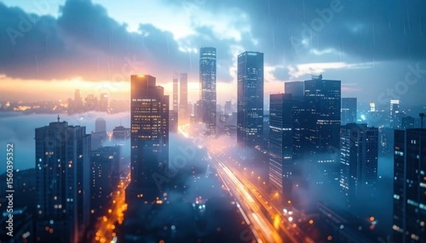 Fototapeta Futuristic Skyline with Fog and Rain at Dawn in Soft Light