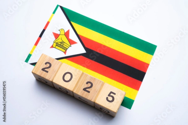 Fototapeta 2025, Zimbabwe flag with date block, Concept, Important events for Zimbabwe the new year, election, economy, social activities, central bank, Zimbabwe foreign policy
