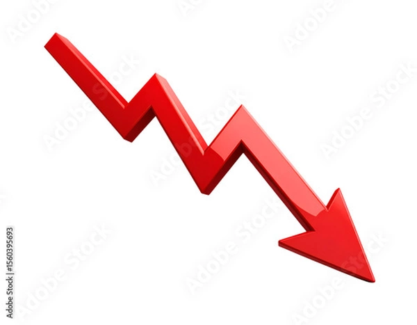 Fototapeta Economic Decline: A vivid illustration of a downward-pointing red arrow symbolizes economic downturn, offering a visual representation of falling trends and losses in financial scenarios.