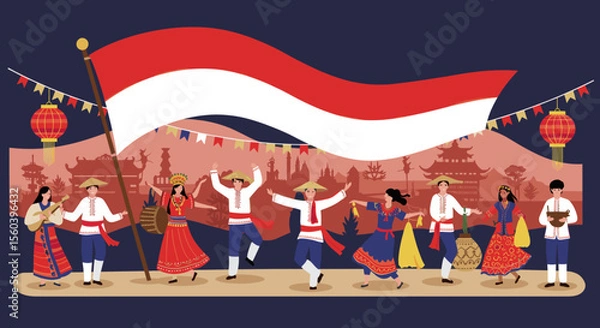 Obraz This vector image showcases a lively celebration of Indonesia's culture, with people dressed in traditional attire and dancing joyfully while waving the Indonesian flag.