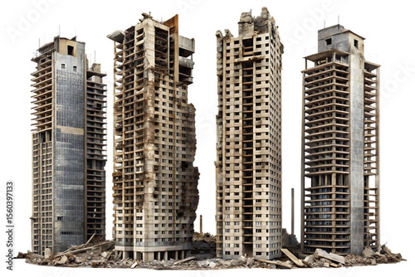 Fototapeta Group of unfinished and ruined concrete skyscrapers with debris at the base isolated on a transparent background