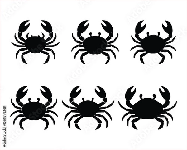 Fototapeta Six simple, black silhouette images of crabs against a plain white background.