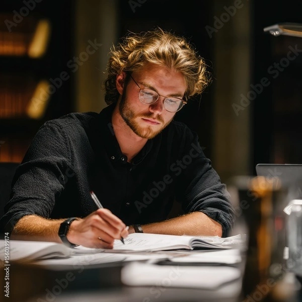 Fototapeta A young professional studies with focus, driven by motivation to succeed. 