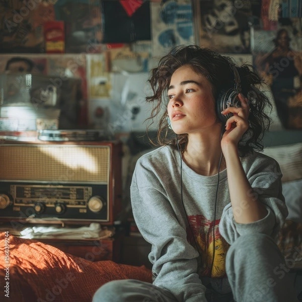 Fototapeta A young woman listens to the radio with headphones while relaxing at home.