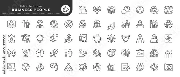 Obraz Business people line icon set. Work, office, worker, management, human resources, partner, partnership, team, workteam, businessman and more. Outline icon in linear style. Vector collection.